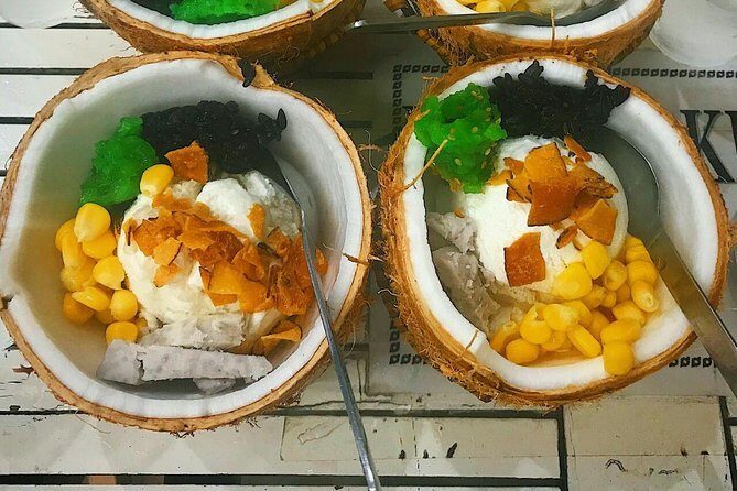 Saigon Evening Food Tour by Scooter - Your food lineup: grilled pork noodles, crispy pancakes, and sweet drinks
